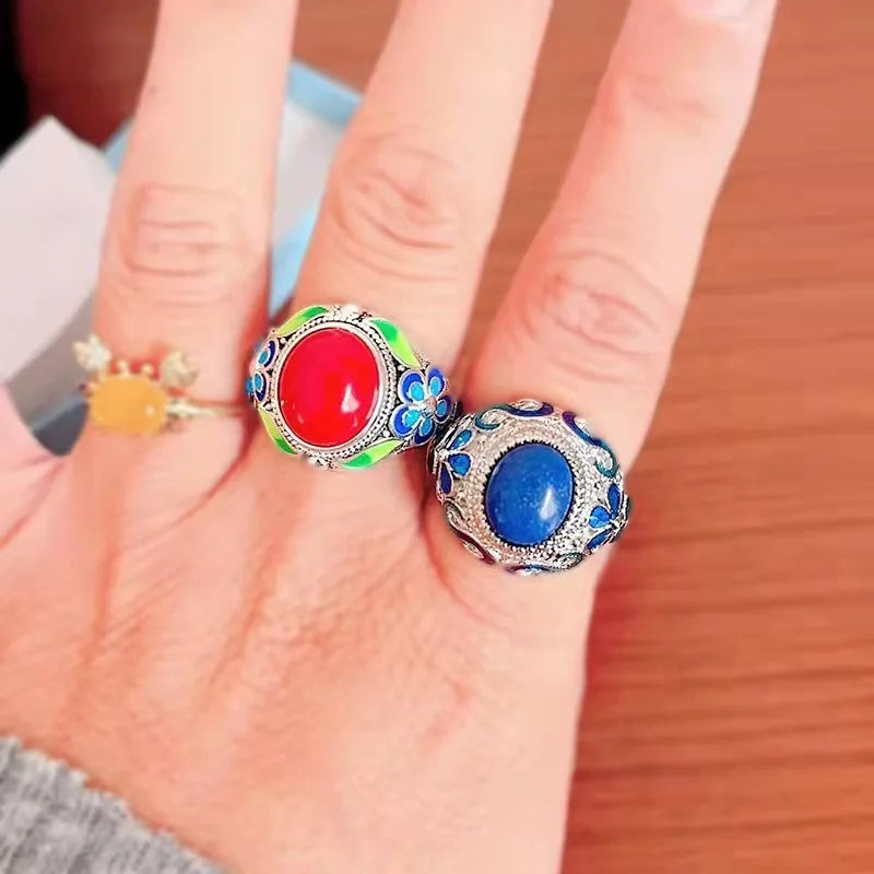 vintage Palace Style Cloisonne enamel Inlaid Lapis lazuli Ring Classical Exquisite Flower blue Ring Wedding 925 Silver Jewelry