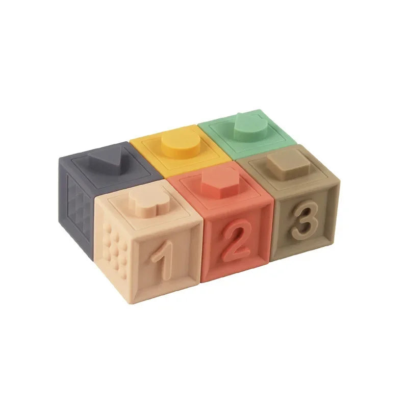 Block Toy Soft Silicone Soft Cubes Stacking Tower Bath Teether Rattles Building Blocks Montessori Educational Toys Newborn Gift