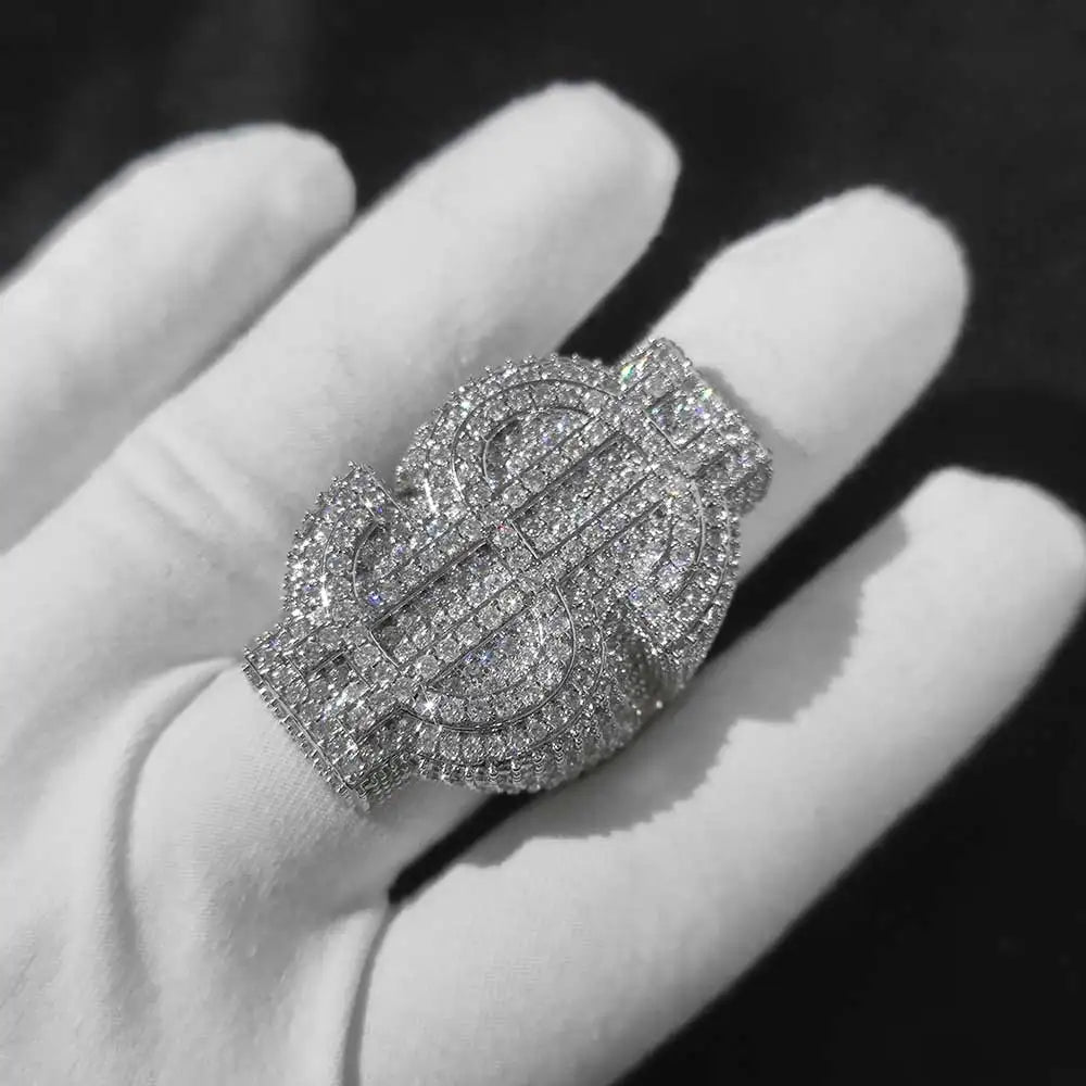 Personalized Custom Hip Hop Full Diamond $Sign Ring Bling Iced Out Money Big USD 18k Gold Plated Ring For Women Men