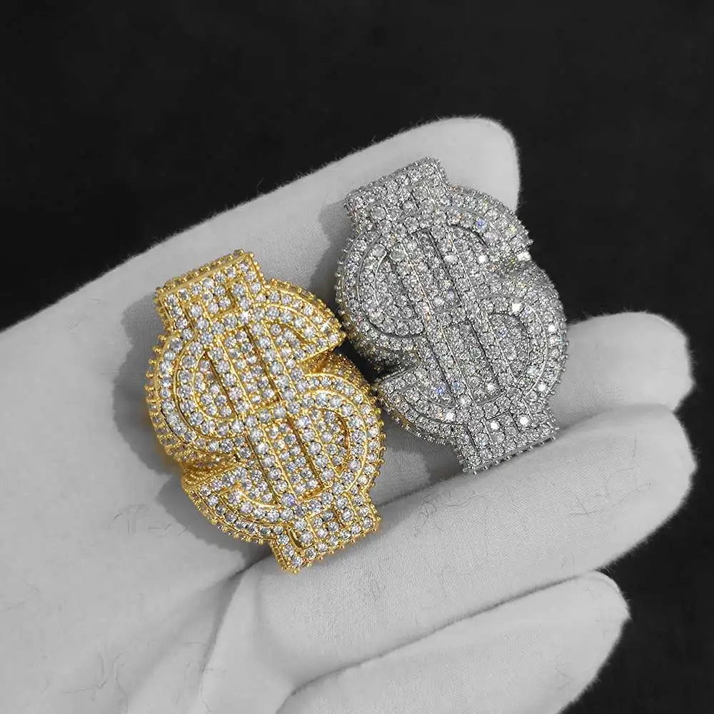 Personalized Custom Hip Hop Full Diamond $Sign Ring Bling Iced Out Money Big USD 18k Gold Plated Ring For Women Men