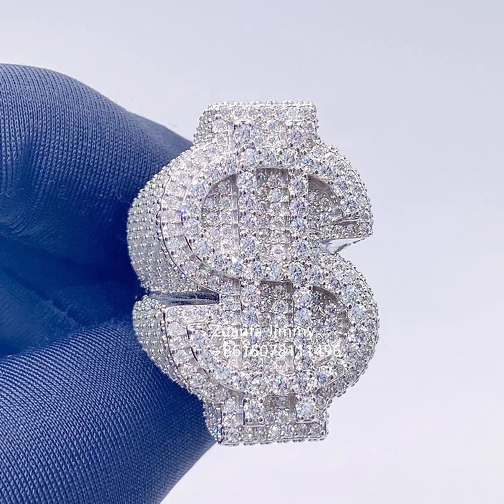 Personalized Custom Hip Hop Full Diamond $Sign Ring Bling Iced Out Money Big USD 18k Gold Plated Ring For Women Men