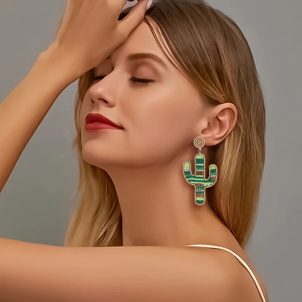 Cactus Beaded Earrings for Women Boho Colorful Beaded Earrings Statement Big Drop Dangle Earrings Summer Beachy Tropical Holiday