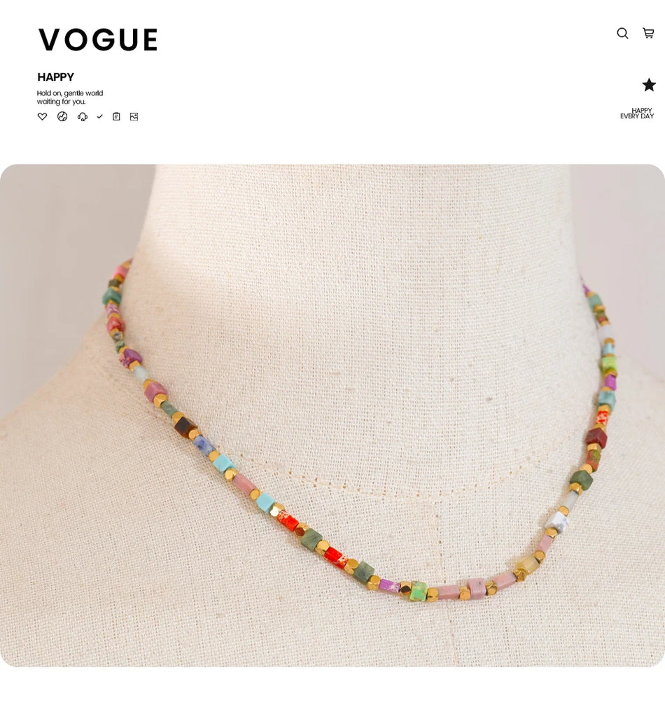 Yhpup Fashion Colorful Natural Stone Beads Chain Y2K Collar Necklace Tarnish Resistant High Quality Handmade Charm Jewelry Gift