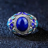 vintage Palace Style Cloisonne enamel Inlaid Lapis lazuli Ring Classical Exquisite Flower blue Ring Wedding 925 Silver Jewelry