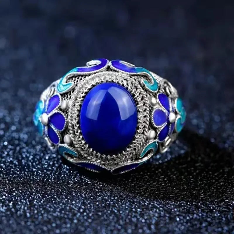 vintage Palace Style Cloisonne enamel Inlaid Lapis lazuli Ring Classical Exquisite Flower blue Ring Wedding 925 Silver Jewelry