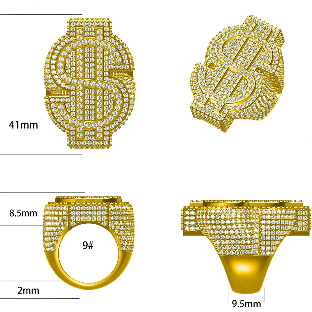 Personalized Custom Hip Hop Full Diamond $Sign Ring Bling Iced Out Money Big USD 18k Gold Plated Ring For Women Men