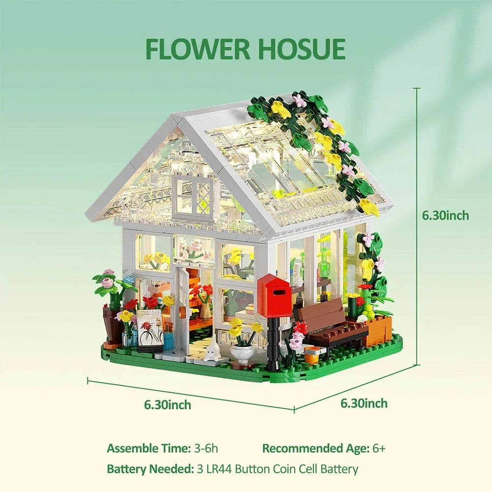 Flower House Building Set,Garden House Building Toy with LED Light,Build a Greenhouse Great Gift for Friends or Girls 597 Pieces
