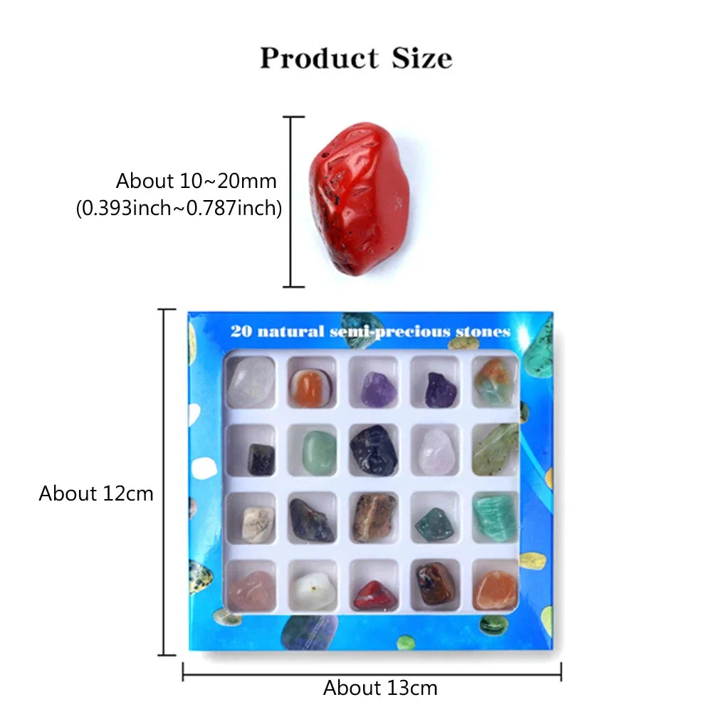 Product size display of 20pcs square box chakra healing stones and crystals set with natural semi-precious stones.