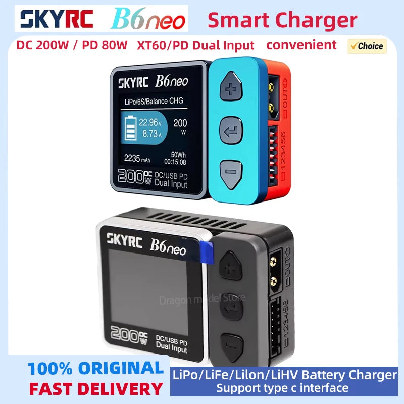 SKYRC B6neo Charger XT60/PD Dual DC Inputs 200W Charging Power SK-100198 For RC Car Model Aircraft Battery