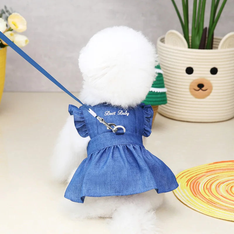 Spring Summer Dog Dress for Small Kitten Dogs Clothes Puppy Letters Embroidered Jean Strap Dresses Chihuahua Skirts Pet Costumes