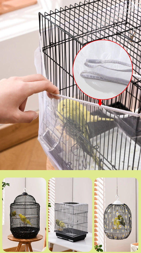 Mesh Bird Cage Cover Shell Skirt Net Easy Cleaning Catcher Guard Bird Cage Stretchy Mesh Parrot Bird Cage Net Mesh Cover