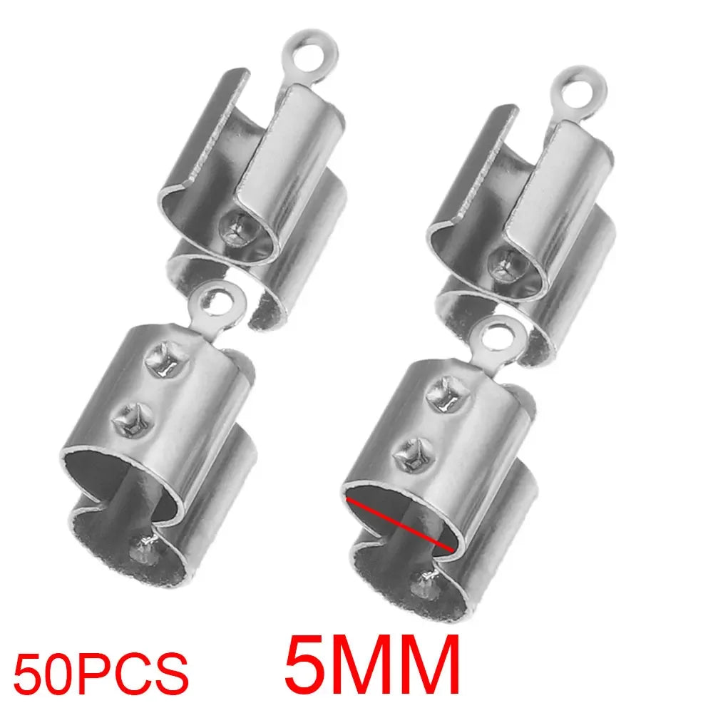 50pcs Stainless Crimp End Beads Caps Leather Cord Clip Tip Fold Crimp Bead Bracelet Connectors for Jewelry Making Bulk Wholesale