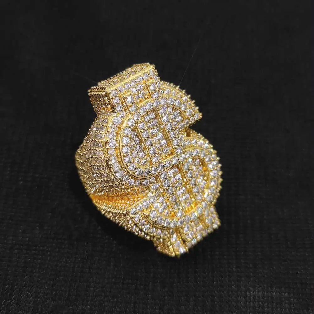Personalized Custom Hip Hop Full Diamond $Sign Ring Bling Iced Out Money Big USD 18k Gold Plated Ring For Women Men