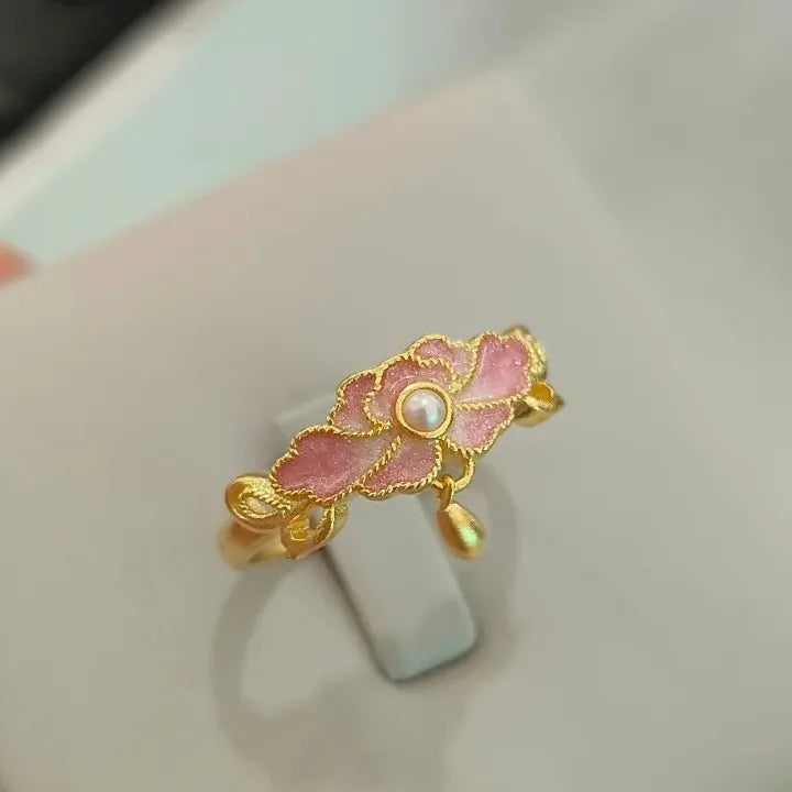 HX New Chinese Style Pink Enamel Ring with Water Drop Retro Light Luxury High End Charm Ring Opening Jewelry