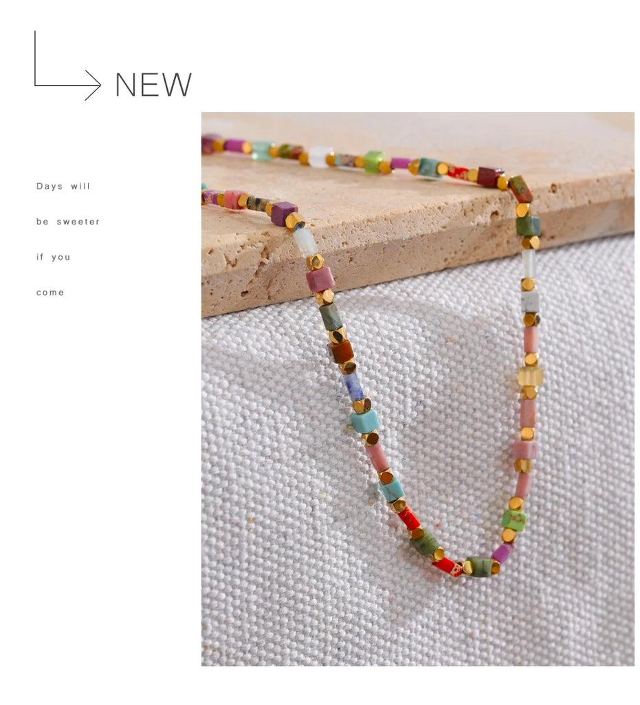 Yhpup Fashion Colorful Natural Stone Beads Chain Y2K Collar Necklace Tarnish Resistant High Quality Handmade Charm Jewelry Gift