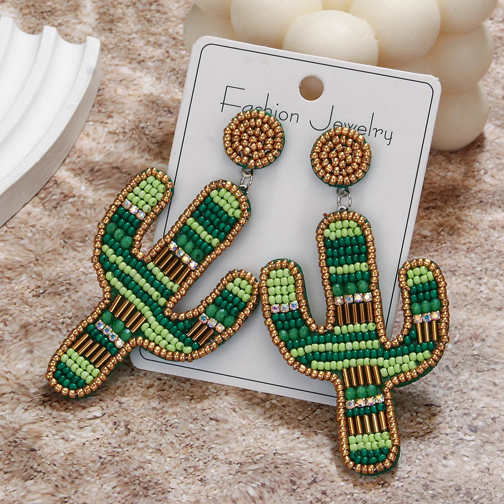 Cactus Beaded Earrings for Women Boho Colorful Beaded Earrings Statement Big Drop Dangle Earrings Summer Beachy Tropical Holiday