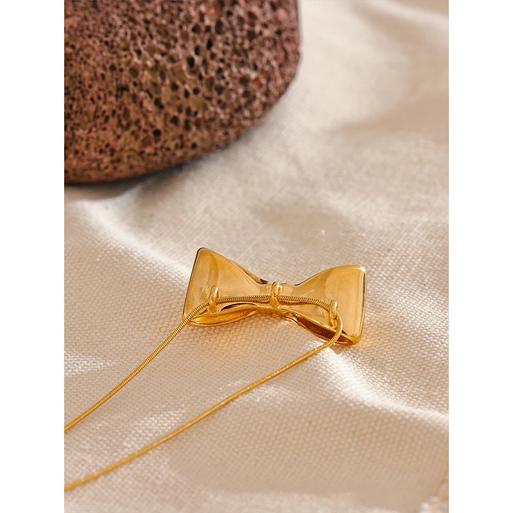 Yhpup Adjustable Long Chain Stainless Steel Metal Bow Knot Golden Trendy Pendant Choker Necklace Texture Fashion  Jewelry