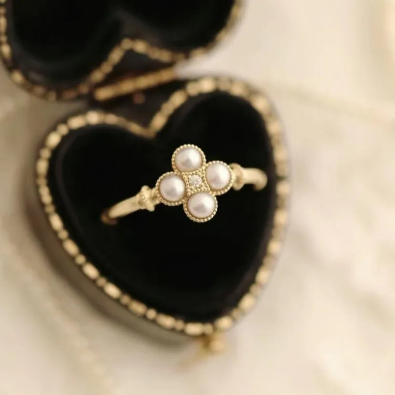 Elegant Gold Color Round Imitation Pearl Four Leaf Clover Flowers Rings Wedding Party Jewelry Rings for Women