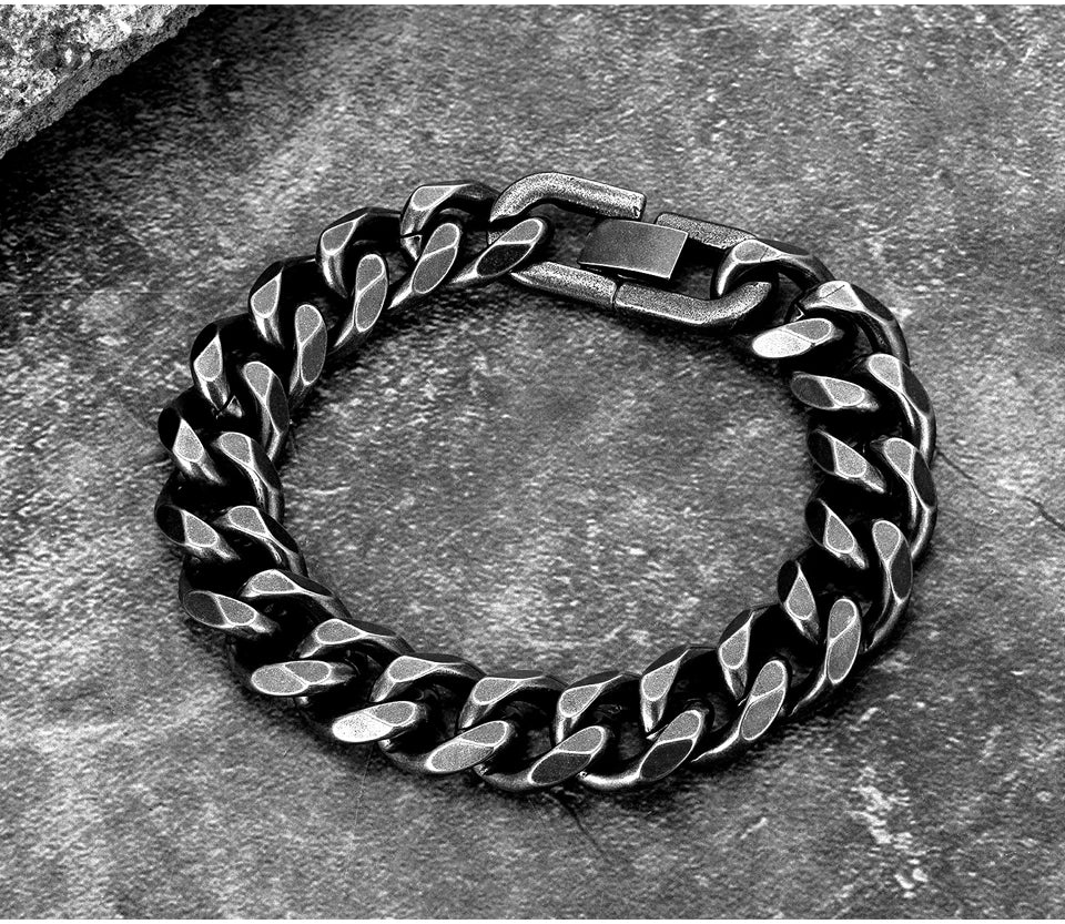 New Men's Vintage Grey Bracelet Stainless Steel Curb Cuban Link Chain Hiphop Trendy Handmade Jewelry For Brother Boyfriends Gift