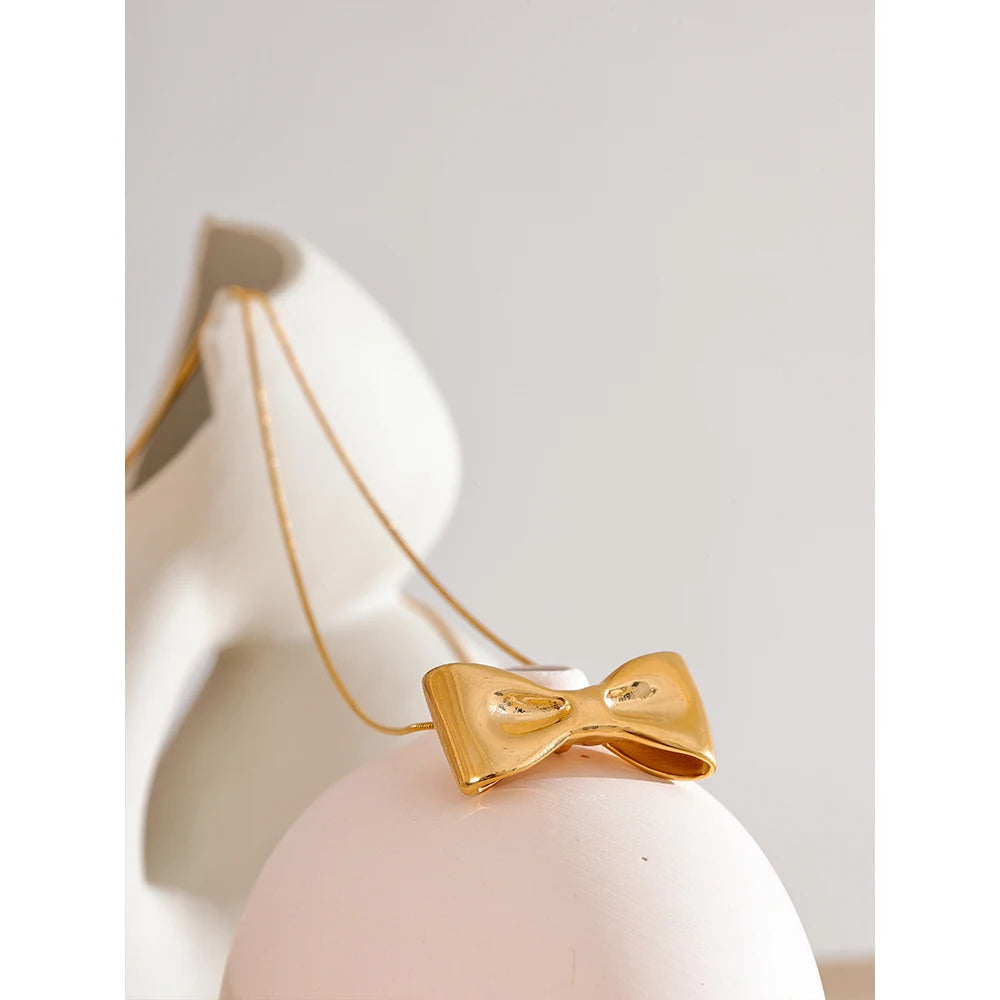 Yhpup Adjustable Long Chain Stainless Steel Metal Bow Knot Golden Trendy Pendant Choker Necklace Texture Fashion  Jewelry