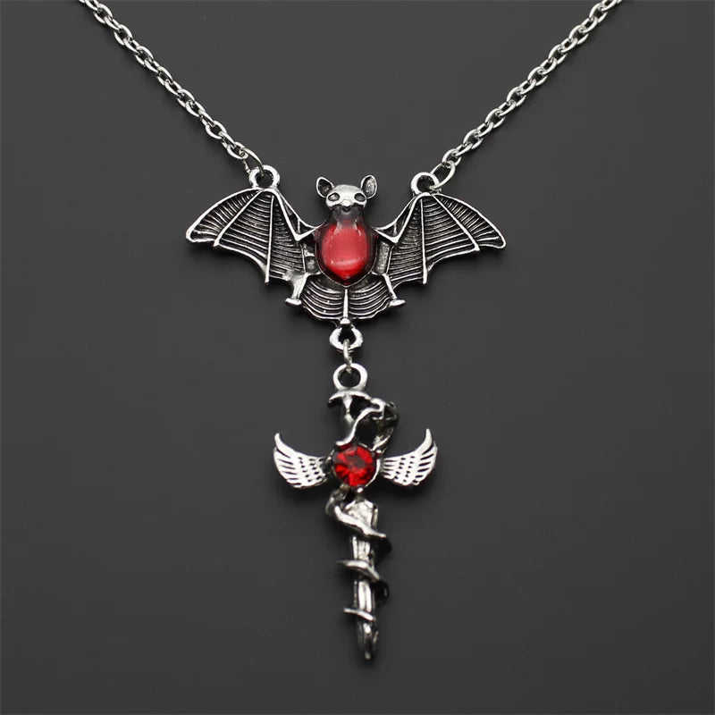Brand New Halloween Retro Bat Red Drop Oil Cross Charm Alloy Ladies Necklace Punk Gothic Fashion Jewelry Gift 2022