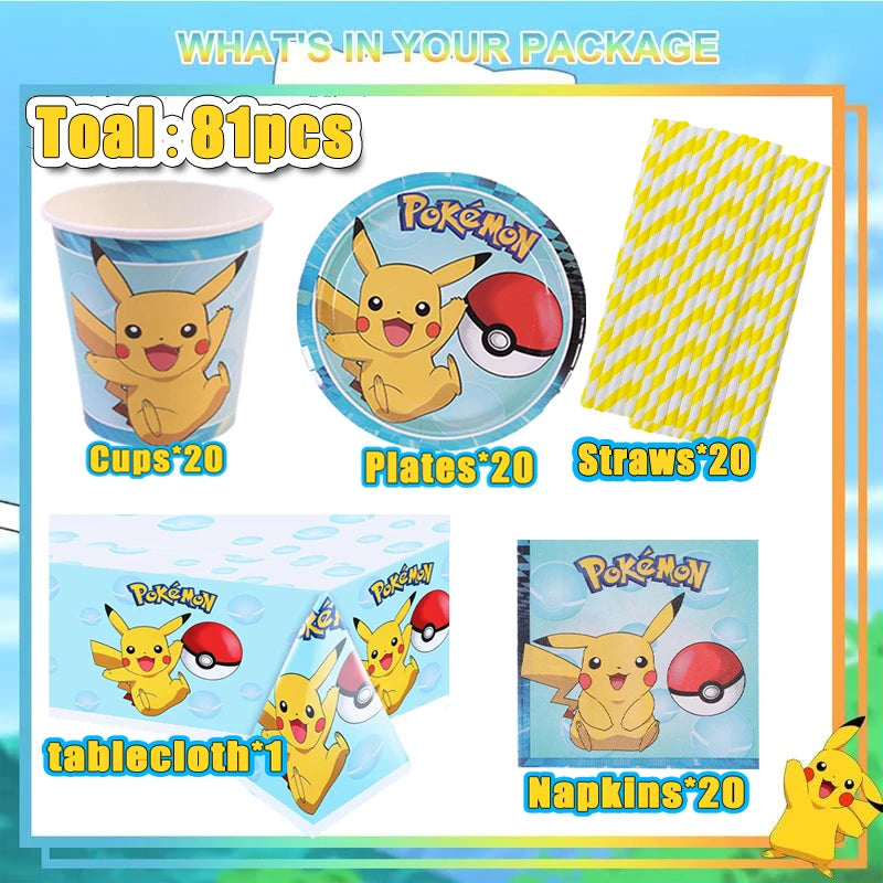 Pokemon Birthday Party Supplies Pikachu Party Decorations Foil Balloons Blowouts Tableware Plate Napkin Baby Shower Supplies Toy