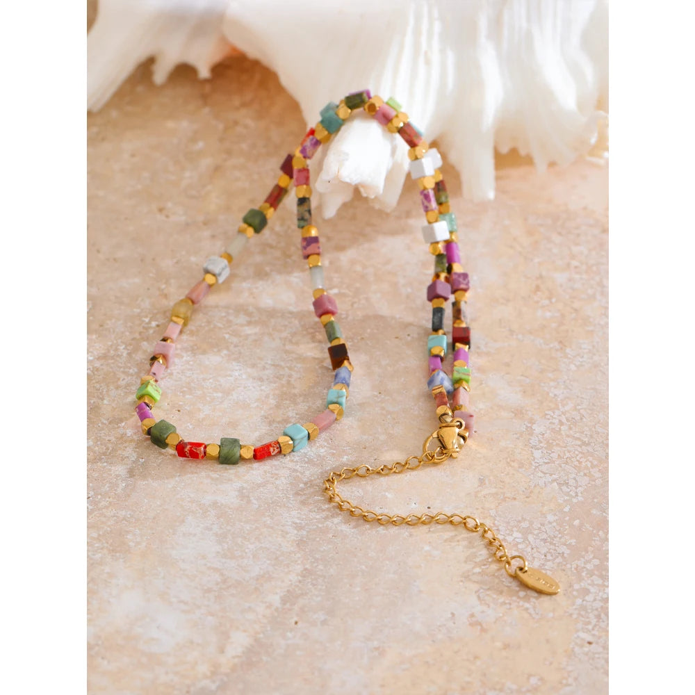 Yhpup Fashion Colorful Natural Stone Beads Chain Y2K Collar Necklace Tarnish Resistant High Quality Handmade Charm Jewelry Gift
