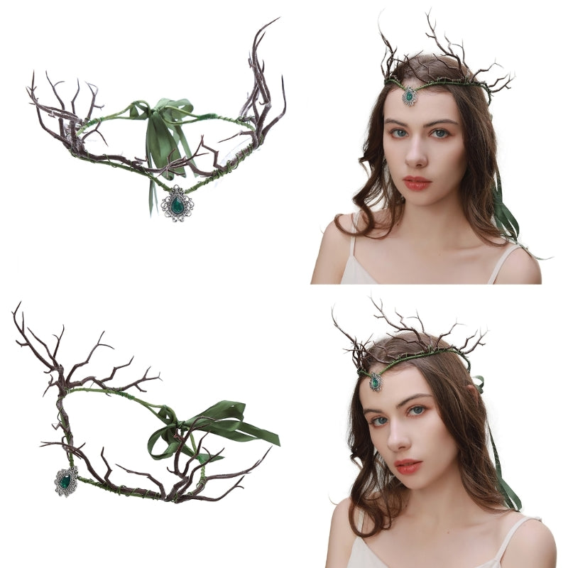 Unique Branch Headband with Pendant Christmas Headpiece Ethnic Forehead Jewelry for Women Prom Party