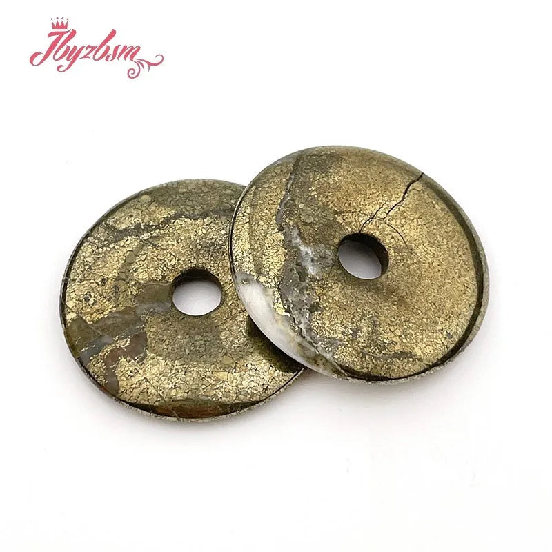 Natural Pyrite Donut Circle Round Silvers Gray Beads Stone For Necklace Pandant Earring Jewelry Making 1 Pcs 25/35/40mm