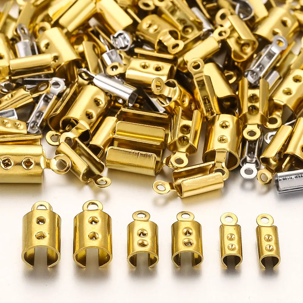 50pcs Stainless Crimp End Beads Caps Leather Cord Clip Tip Fold Crimp Bead Bracelet Connectors for Jewelry Making Bulk Wholesale
