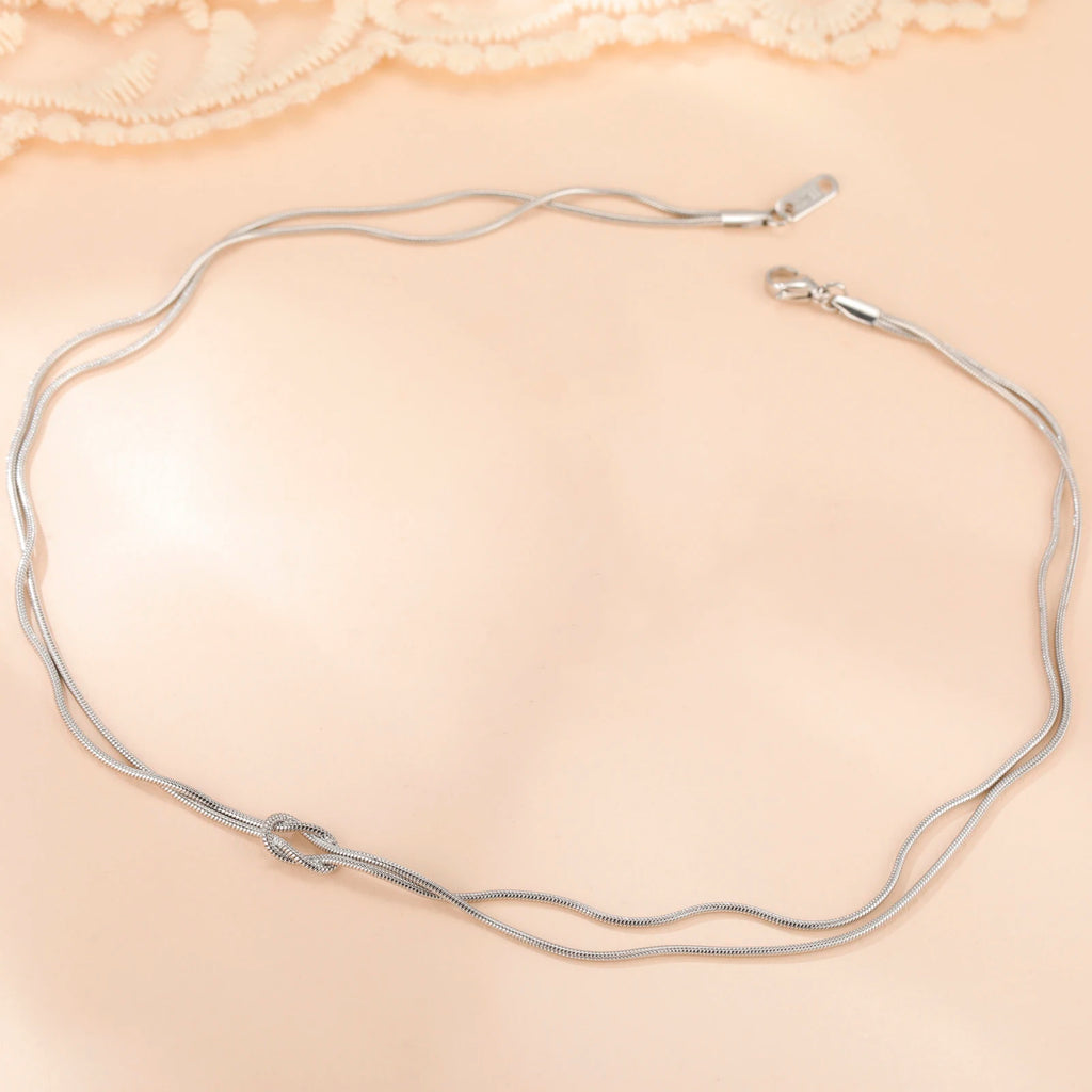 Skyrim Double Snake Chain Love Knot Necklace Women Stainless Steel Gold Color Minimalist Clavicle Chain Choker Jewelry Gift