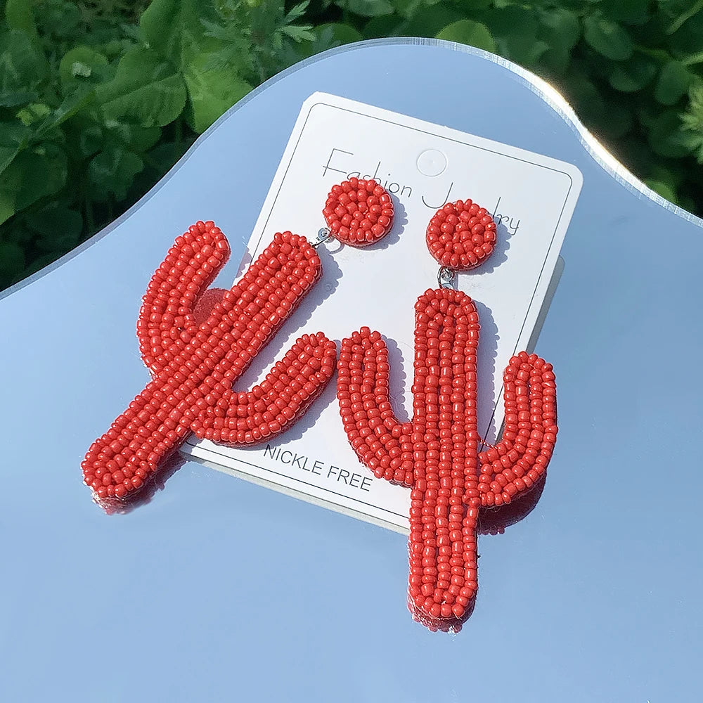 Cactus Beaded Earrings for Women Boho Colorful Beaded Earrings Statement Big Drop Dangle Earrings Summer Beachy Tropical Holiday