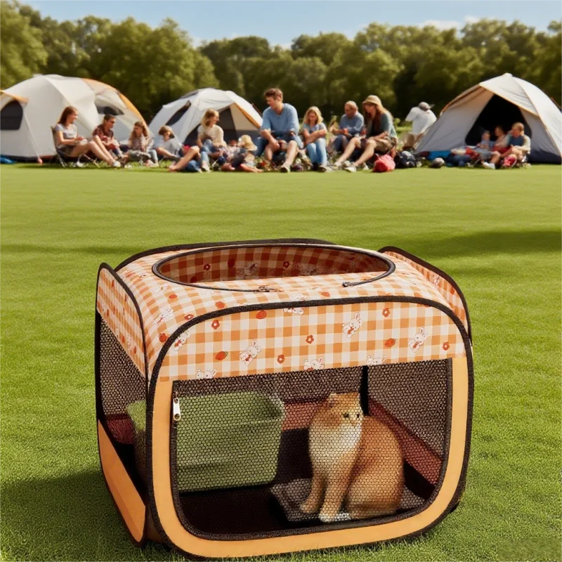 A Foldable Cat Bed with 0range Checked Prints. The Cat Maternity Ward Features Multi - sided Visible and Breathable Grids