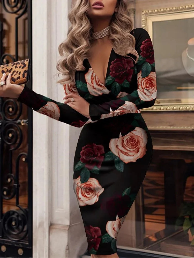 Autumn New Women's Dress Sexy Deep V Fashion Pleated Sequin