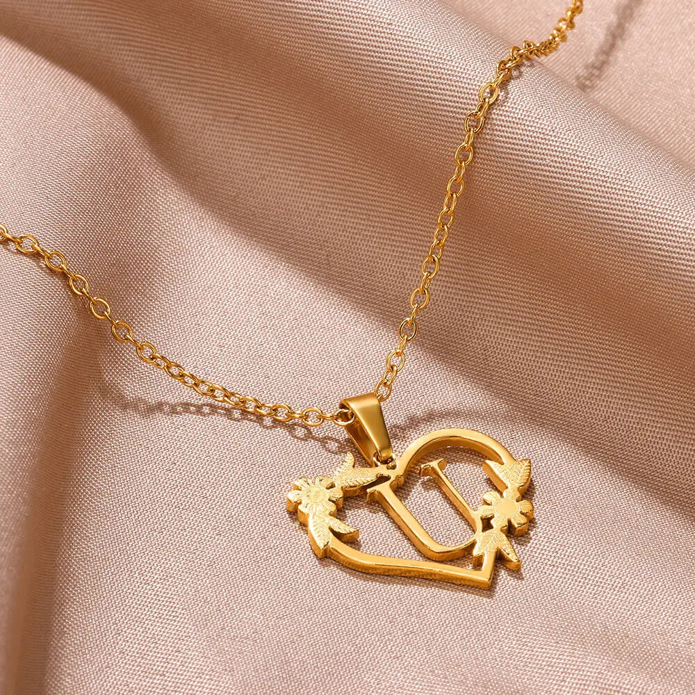 Gold Color Dainty Flower Initials Necklace Women Girl Stainless Steel Heart Letter Choker Necklace Best Gifts Alphabet Jewelry
