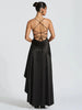 Articat Elegant Spaghetti Strap Satin Split Maxi Dress Women Sexy Backless Bodycon Party Evening Dress Summer Holiday Beachwear