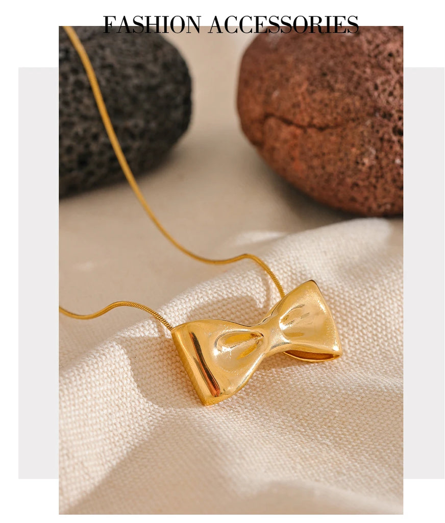 Yhpup Adjustable Long Chain Stainless Steel Metal Bow Knot Golden Trendy Pendant Choker Necklace Texture Fashion  Jewelry