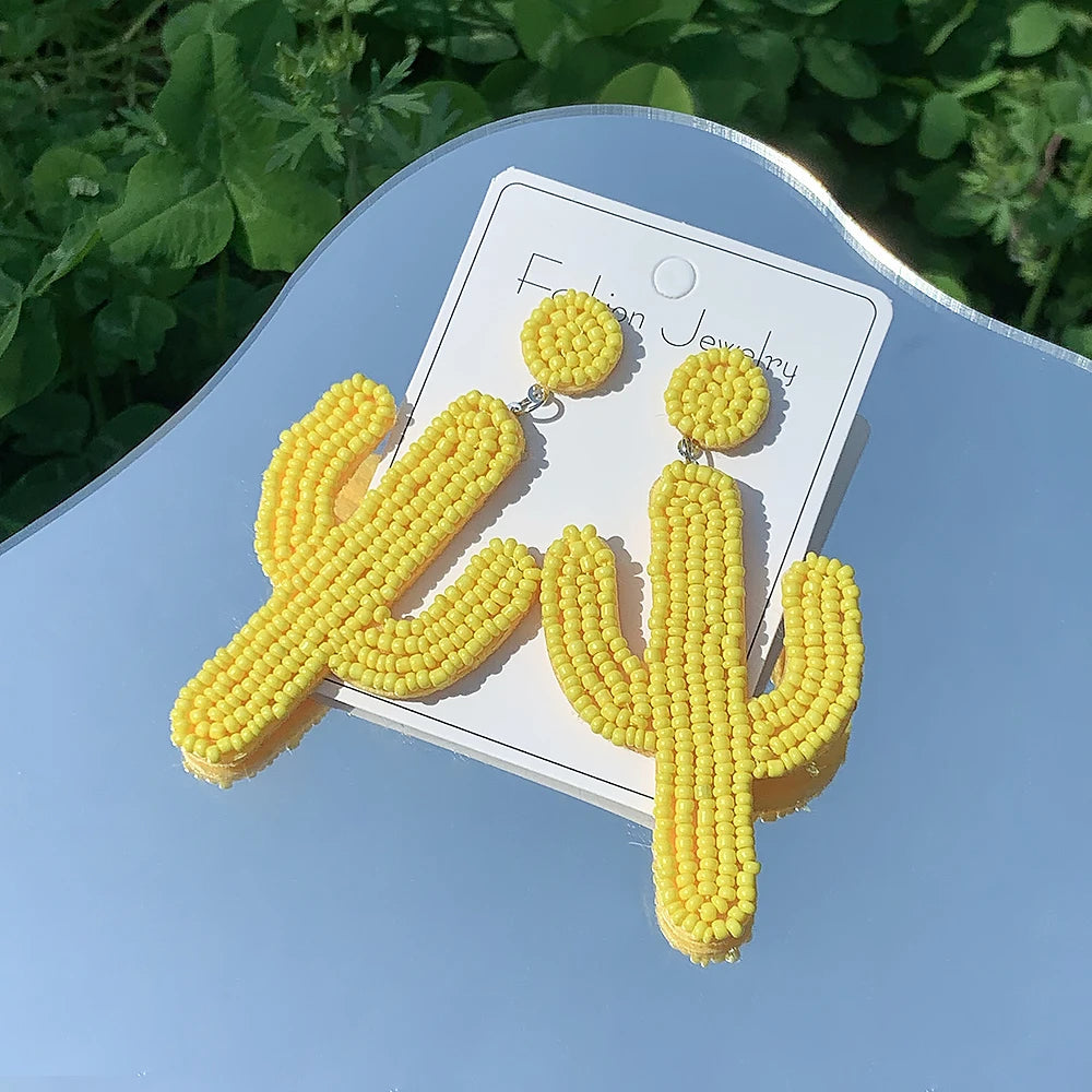 Cactus Beaded Earrings for Women Boho Colorful Beaded Earrings Statement Big Drop Dangle Earrings Summer Beachy Tropical Holiday