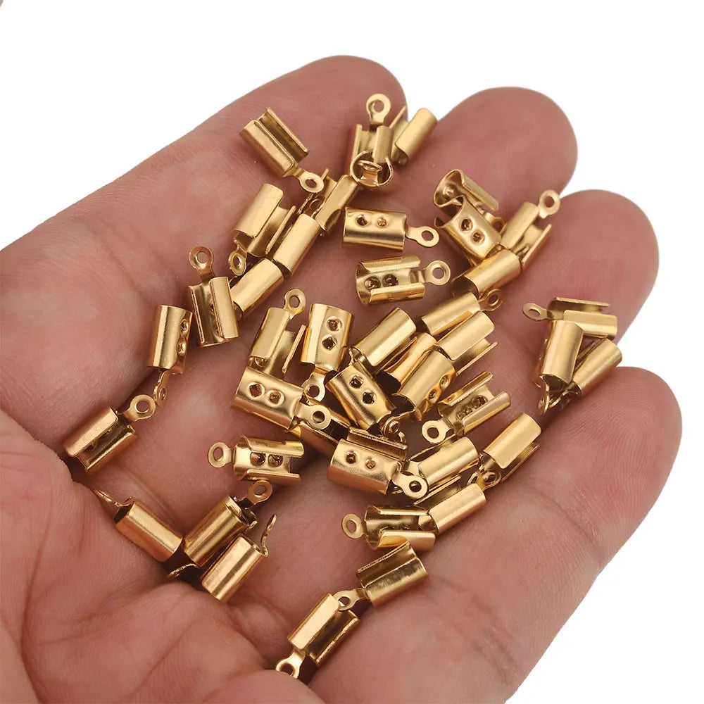 50pcs Stainless Crimp End Beads Caps Leather Cord Clip Tip Fold Crimp Bead Bracelet Connectors for Jewelry Making Bulk Wholesale