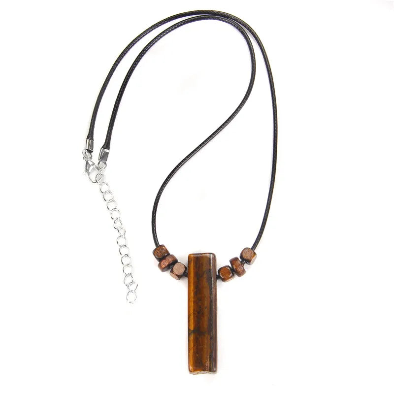 Men Vintage Rectangle Obsidian Pendent Necklace Natural Tiger Eye Labradorite Gem Leather Rope Braid Necklace Healing Jewelry