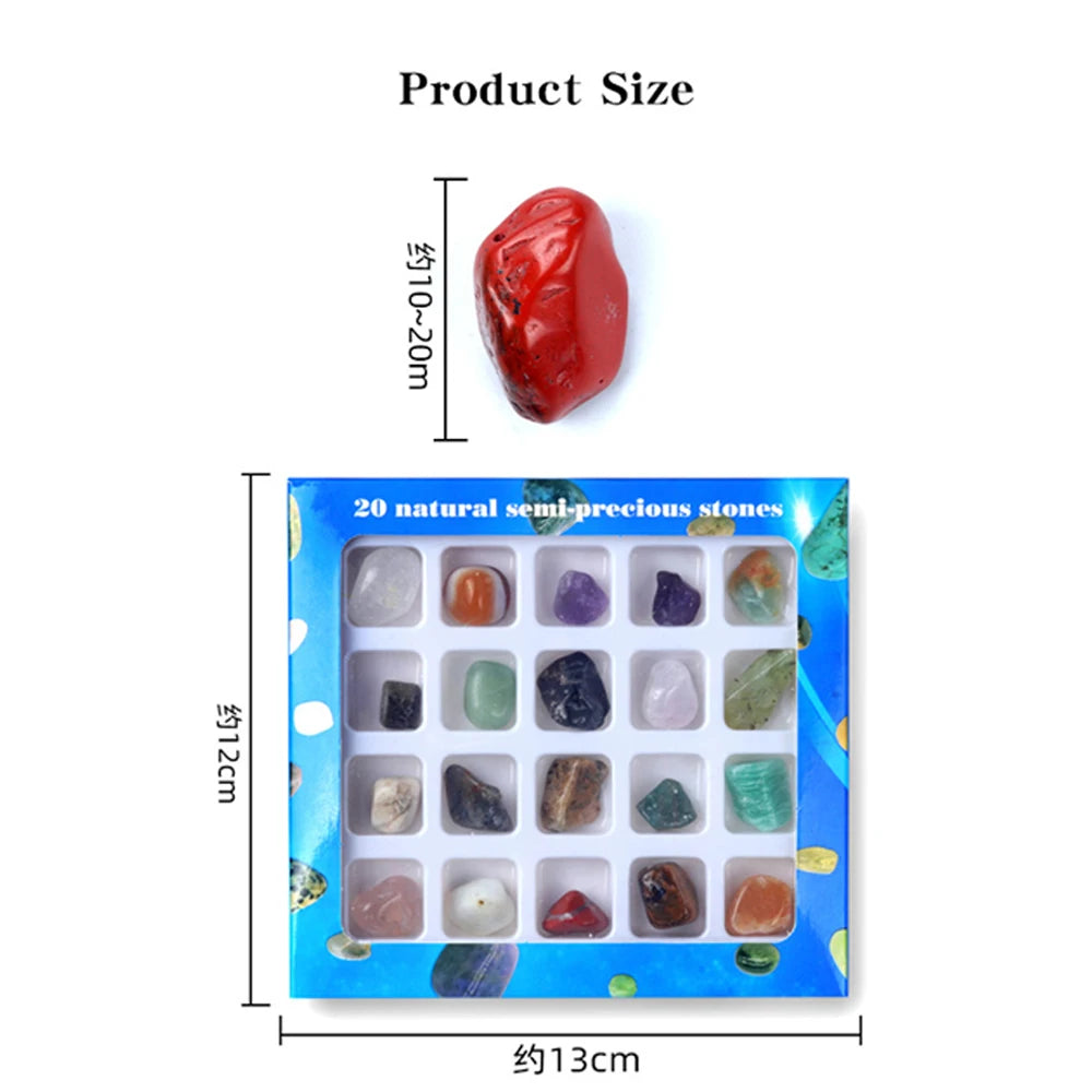 Product size of 20pcs Square Box Crystal Chakra Healing Stones in various colors and shapes for DIY jewelry and decor.