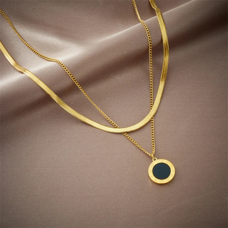 DIEYURO 316L Stainless Steel Roman Numeral Dial Pendant Necklace For Women New Trend Girls 2-Chain Choker Birthday Jewelry Gifts