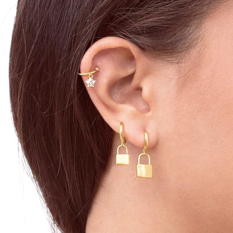 925 Sterling Silver Ear Needle key Pendant Hoop Earrings Gold Earrings For women Lock Pierced Earrings Fashion Party Jewelry
