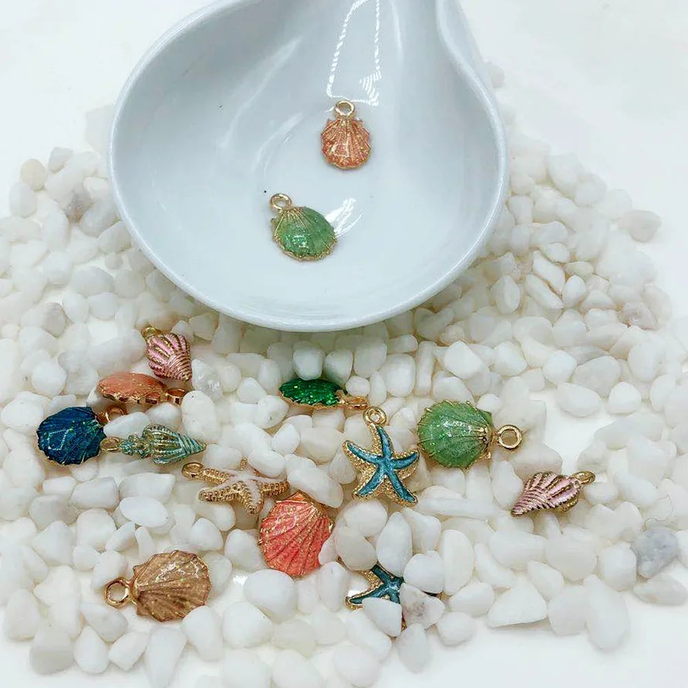 13pcs Summer Beach Starfish & Shell Charms – Colorful Copper Pendants for DIY Jewelry Making (Bracelets, Necklaces, Earrings)