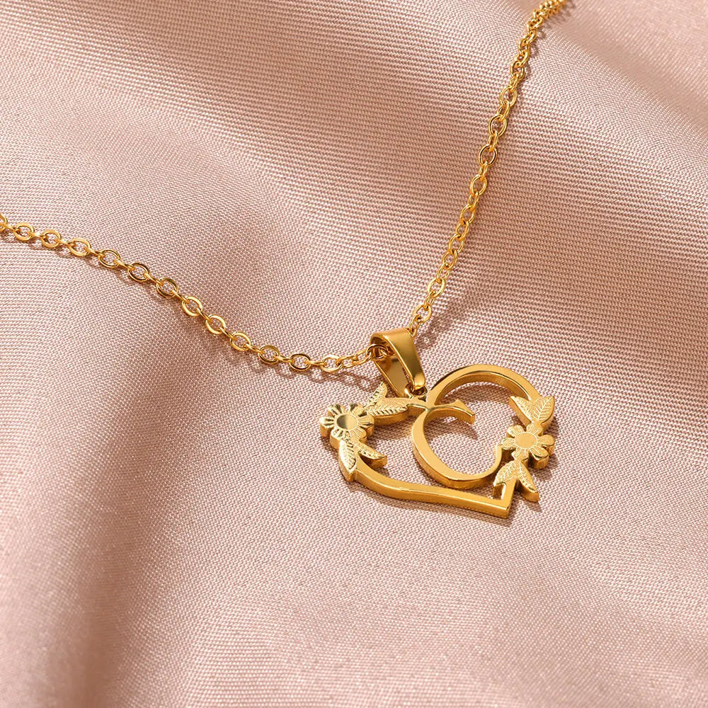 Gold Color Dainty Flower Initials Necklace Women Girl Stainless Steel Heart Letter Choker Necklace Best Gifts Alphabet Jewelry