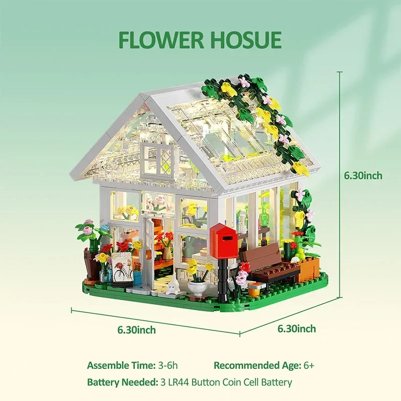 Flower House Building Set,Garden House Building Toy with LED Light,Build a Greenhouse Great Gift for Friends or Girls 597 Pieces