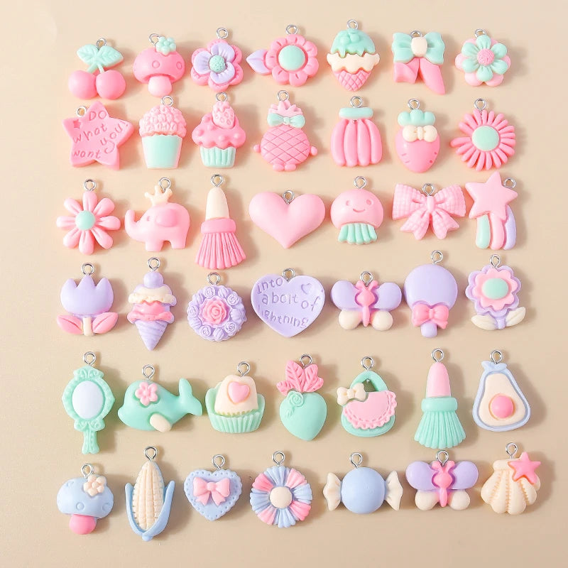 15pcs New Mix Kawaii Summer Vacation Pink Flower Heart Butterfly Ice Cream Star Resin Earrings Charms Diy Jewelry Making Pendant