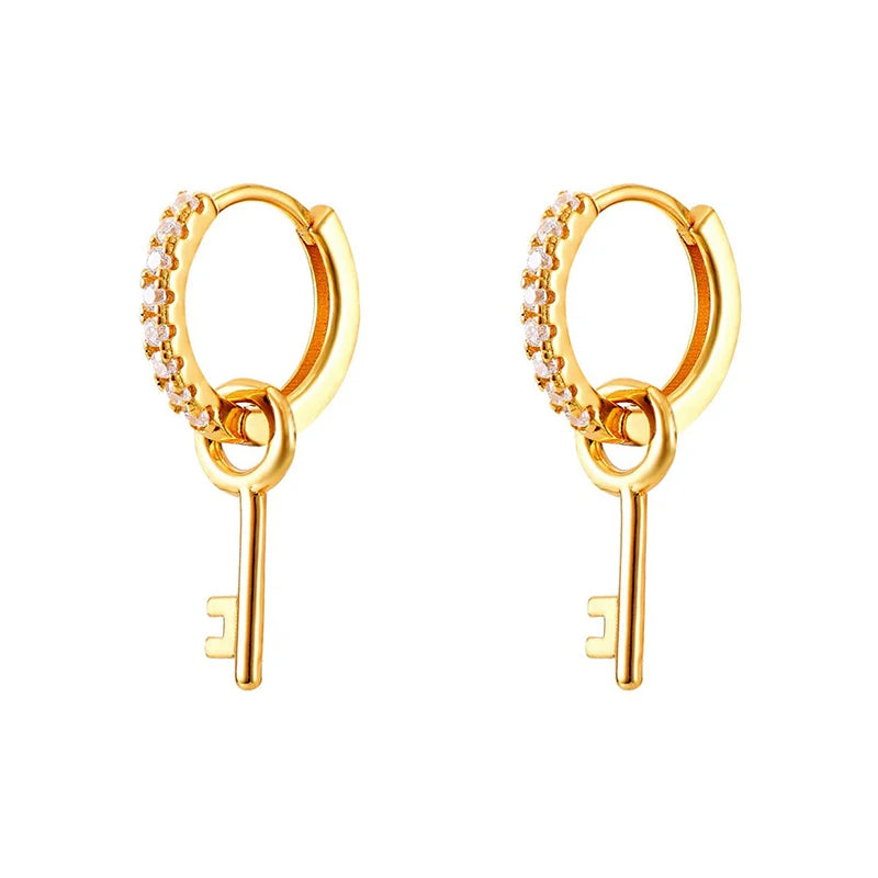 925 Sterling Silver Ear Needle key Pendant Hoop Earrings Gold Earrings For women Lock Pierced Earrings Fashion Party Jewelry