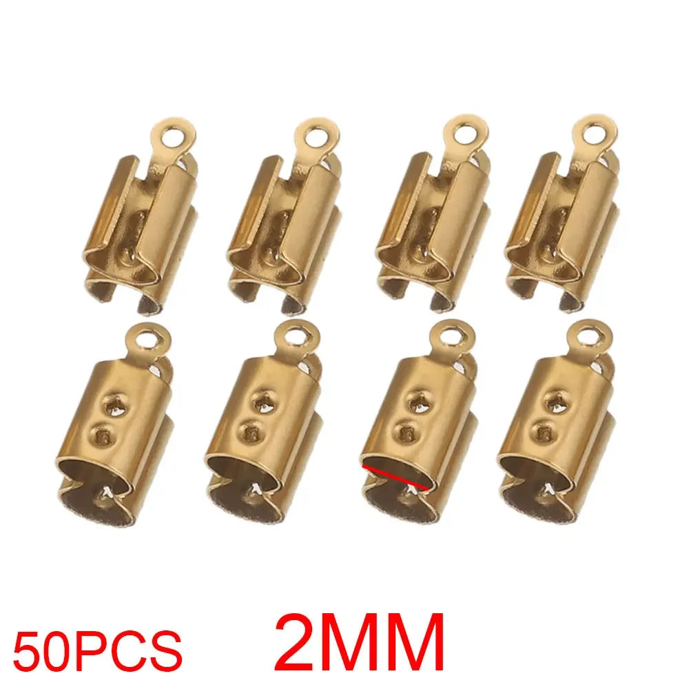 50pcs Stainless Crimp End Beads Caps Leather Cord Clip Tip Fold Crimp Bead Bracelet Connectors for Jewelry Making Bulk Wholesale