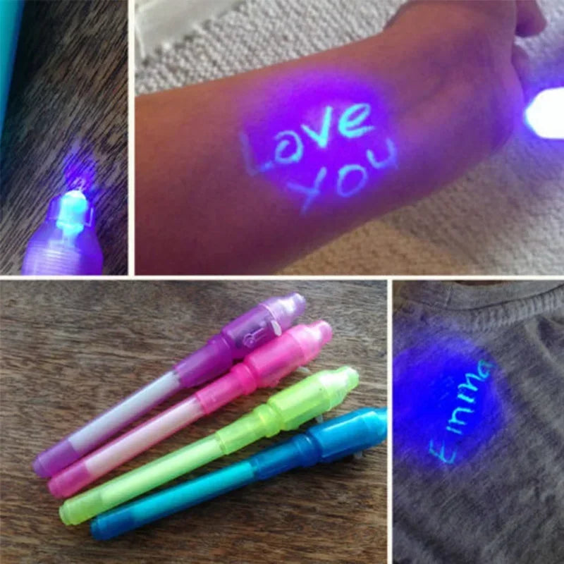 4pcs/lot Drawing Invisible Ink Pen Luminous Light Pen Magic Purple 2 In 1 UV Black Light Combo Learning Education Toys For Child